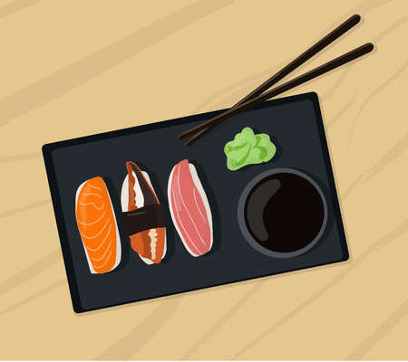 Set of traditional Japanese dishes of rolls and sushi with seafood. On a black plate and wooden table. Cartoon vector illustration hand drawing.のイラスト素材