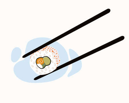 Chopsticks hold the roll. Traditional Japanese cuisine with fresh seafood. Cartoon hand drawn vector illustration.のイラスト素材