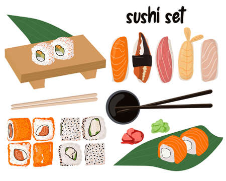 Sushi and rolls set and serving items . Traditional Japanese cuisine with fresh seafood. Cartoon hand drawn vector illustration.のイラスト素材