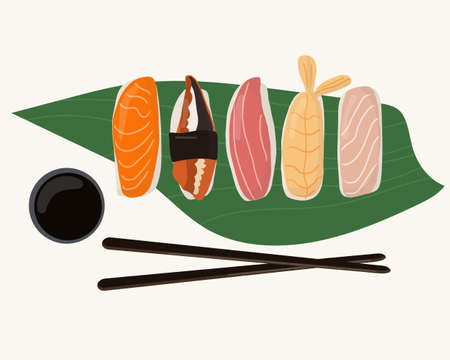 Set of traditional Japanese dishes of rolls and sushi with seafood. Served on a palm leaf. Cartoon vector illustration hand drawing.のイラスト素材