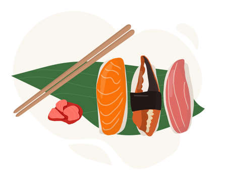 Set of traditional Japanese dishes of rolls and sushi with seafood. Served on a palm leaf. Cartoon vector illustration hand drawing.のイラスト素材