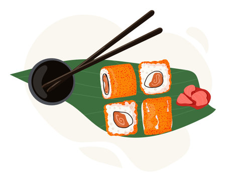 Set of traditional Japanese dishes of rolls and sushi with seafood. Served on a palm leaf. Cartoon vector illustration hand drawing.のイラスト素材