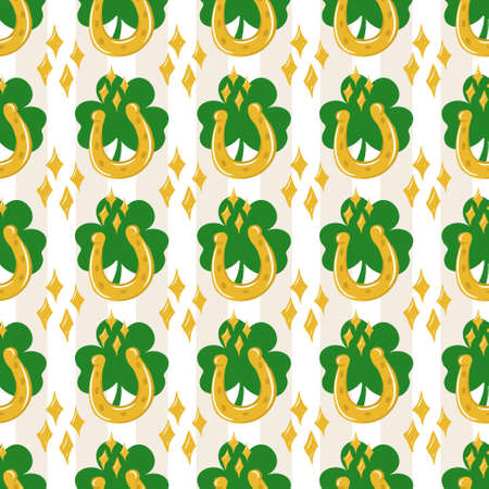 Seamless St. Patrick's Day pattern of Irish symbols. Green clover leaf and other hand drawn elements. Vector backgrounds for holiday invitation, greeting card or flyer.のイラスト素材