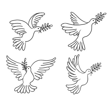 Set of flying pigeons with a branch and leaves. Dove of peace. hand drawn line sketch. Bird symbol of hope, emblem against violence and military conflicts. vector illustration.のイラスト素材