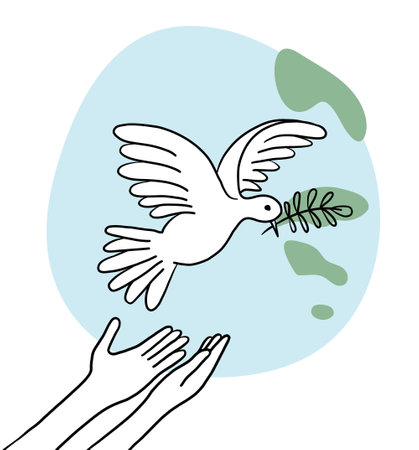 Hands release a flying pigeon with a branch . Dove of peace on a background of blue sky. hand drawn line sketch. Bird symbol of hope, emblem against violence and military conflicts.のイラスト素材