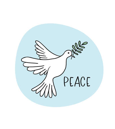 Flying pigeon with branches and leaves. Dove of peace on a background of blue sky. hand drawn line sketch. Bird symbol of hope, emblem against violence and military conflicts. vector illustration.のイラスト素材
