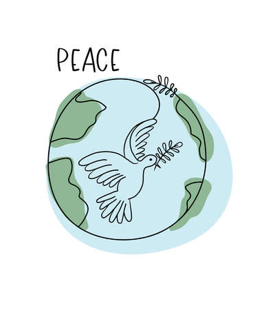 Flying pigeon with a branch. Dove of peace on the background of planet Earth. hand drawn line sketch. Bird symbol of hope, emblem against violence and military conflicts. vector illustration.のイラスト素材