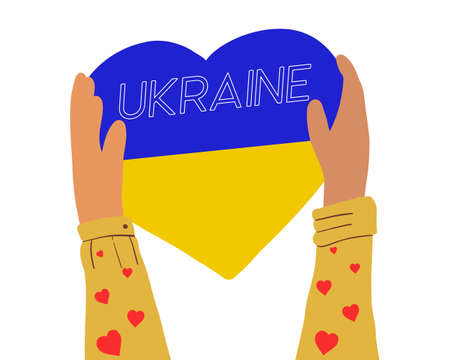 Hands holding a heart in the shape of the Ukrainian flag. Supporting the people against the war. Let there be peace. flat vector.のイラスト素材