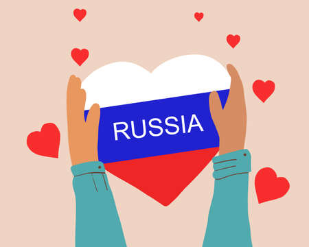 Hands holding a heart in the shape of the Russian flag. Support of the people. Resolution of the conflict. Let there be peace and love. flat vector.のイラスト素材