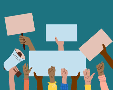 A crowd of people of different nationalities and at a protest. Hands holding empty templates of banners and a mouthpiece. Street demonstration and standing up for their rights. flat vector.のイラスト素材