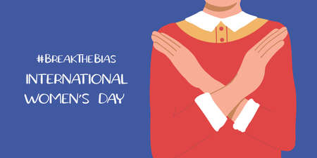 Horizontal poster with a woman with her arms crossed over her arms. Break The Bias campaign. International Women's Day. Movement against discrimination and stereotypes. flat vector.のイラスト素材