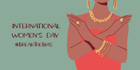 Horizontal poster with a woman with her arms crossed over her arms. Break The Bias campaign. International Women's Day. Movement against discrimination and stereotypes. flat vector.のイラスト素材