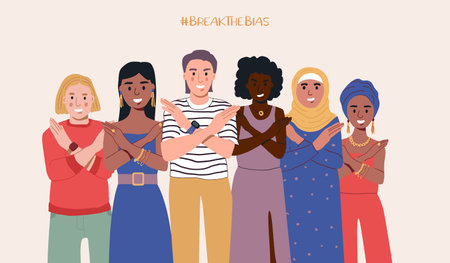 A group of women of different nationalities with their hands crossed. Break The Bias campaign. International Women's Day. Movement against discrimination and stereotypes. flat vector.のイラスト素材