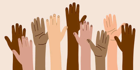 the hands of people of different nationalities. A united community of people of skin color. Cultural and ethnic diversity. Protest and strike. Fighting for your rights. vector illustrationのイラスト素材