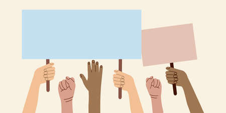 A crowd of people of different nationalities and at a protest. Hands holding empty template of placards and banners. Street demonstration and standing up for their rights. flat vector.のイラスト素材