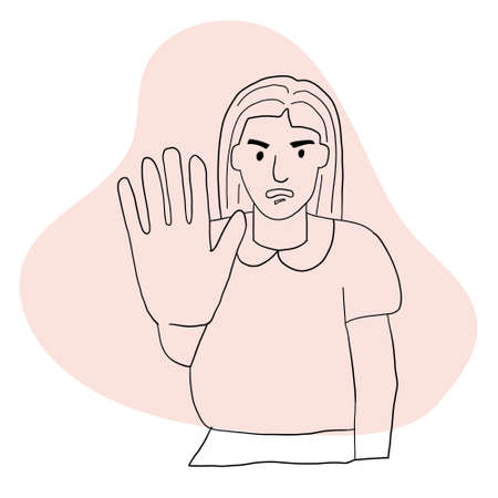 A frightened woman puts her hand forward. A gesture of stopping. human emotion. line art vector.のイラスト素材
