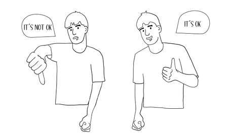 Satisfied man thumbs up and down. Gestures of approval and disapproval. Positive and negative emotion of a person. Liking and disliking. vector line art.のイラスト素材