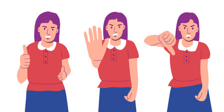 The girl shows signs with her hands. Gestures of approval and disapproval. Positive and negative emotion of a man. Liking and disliking and stopping. vector flat set.のイラスト素材