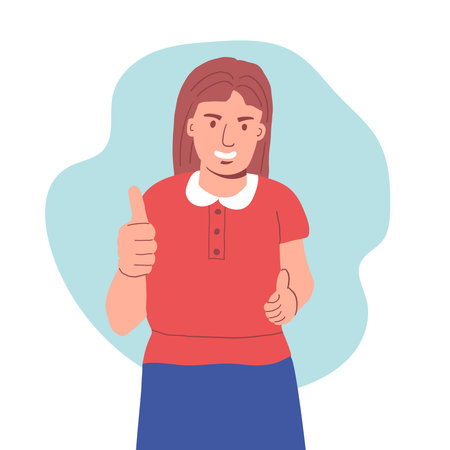 A satisfied woman raises her thumb up. A gesture of approval. positive emotion of the person. all...