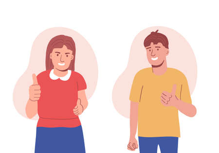 Happy couple man and woman raise their thumbs up. A gesture of approval. positive emotion of the person. all OK. flat vector.のイラスト素材