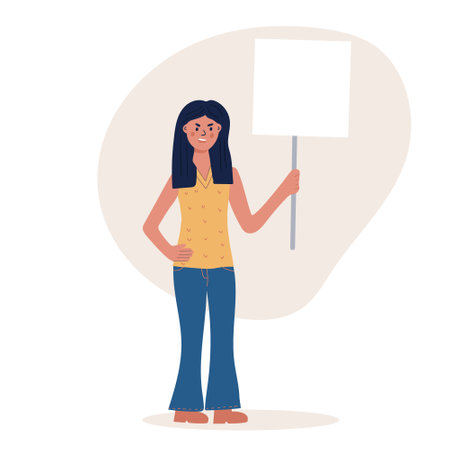 A woman activist holding a blank placard. Protest for human rights and social equality. Advertising template or ad. Participation in a peaceful demonstration. vector flat.のイラスト素材