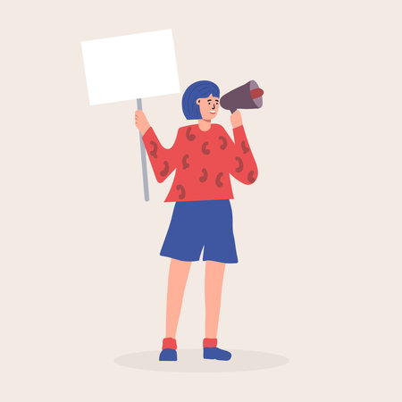 An girl activist holding a blank placard and a mouthpiece. Protest for human rights and social equality. Advertising template or ad. Participation in a peaceful demonstration. vector flat.のイラスト素材