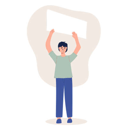 man is an activist holding a blank banner. Protest for human rights and social equality. Advertising template or ad. Participation in a peaceful demonstration. vector flatのイラスト素材