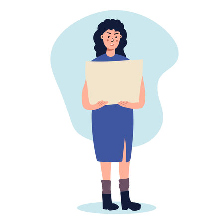 A woman activist holding a blank placard. Protest for human rights and social equality. Advertising template or ad. Participation in a peaceful demonstration. vector flat.のイラスト素材