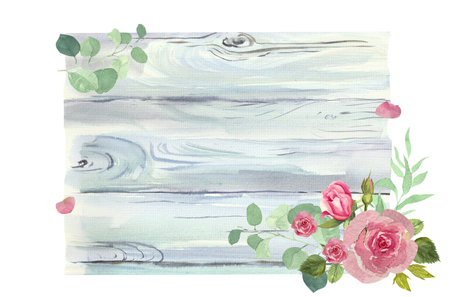 Watercolor roses and petals on rustic wooden background.の写真素材