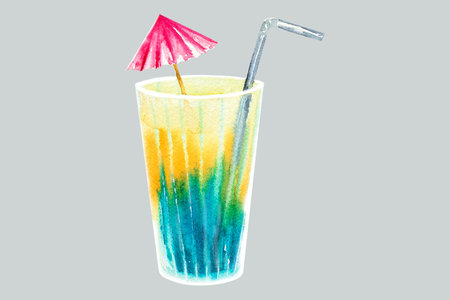 Watercolor illustration on a tropical theme. Drawing a multicolored drink in a glass.Tropics,Hawaiiの写真素材