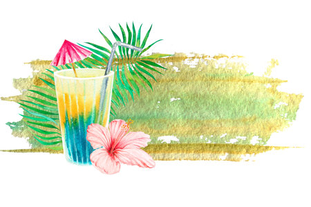 Watercolor illustration on a tropical theme. Drawing a multicolored drink in a glass and a Hawaiian flower.Hawaiiの写真素材