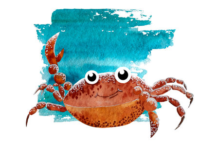 Watercolor illustration. The red cartoon crab raised its clawsの写真素材