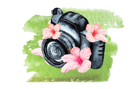 Watercolor illustration of a camera with tropical flowers. Idea for a postcard, cover or print.の写真素材