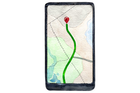 Watercolor illustration of a mobile phone with enabled navigation and a map on a white background...
