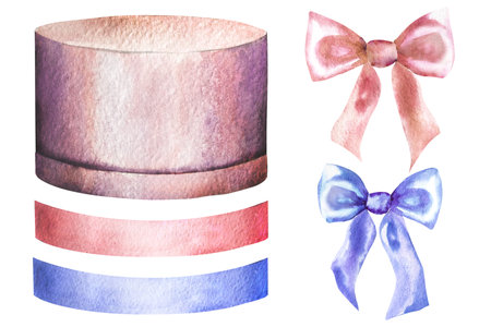Watercolor illustration of a beautiful round pink gift box with a bow on a white background.の写真素材