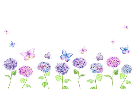 Watercolor drawing of a beautiful bouquet of hydrangeas and butterflies. Hand drawn hydrangea...