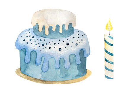 Watercolor illustration hand drawing cake with a candle festive, with blue color cream for the holidays.の写真素材