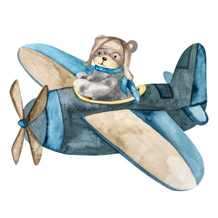 Hand drawn watercolor illustration original design of a cartoon bear on a plane for a birthday or other celebration.の写真素材