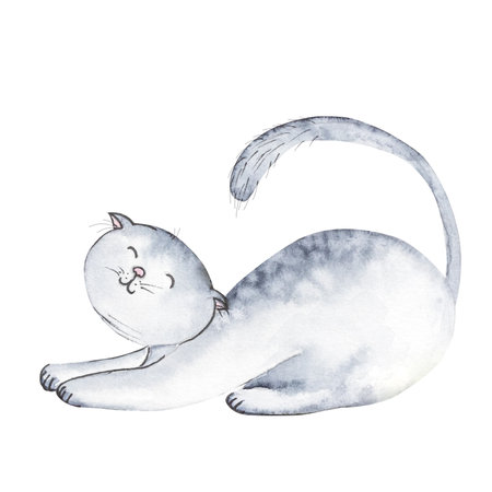 Watercolor illustration with cute cats of different colors, with hearts and grass bushes, watercolor illustration of cats for textile design, cards, etcの写真素材