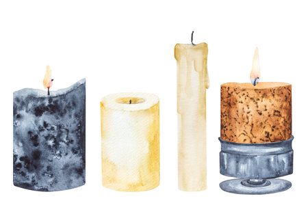 Set of magic candles of different shapes and colors. Watercolor painted illustration.の写真素材