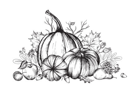 Autumn composition with pumpkins, autumn harvest. Graphic illustration, hand drawn with black ink,monochrome linear drawingの写真素材
