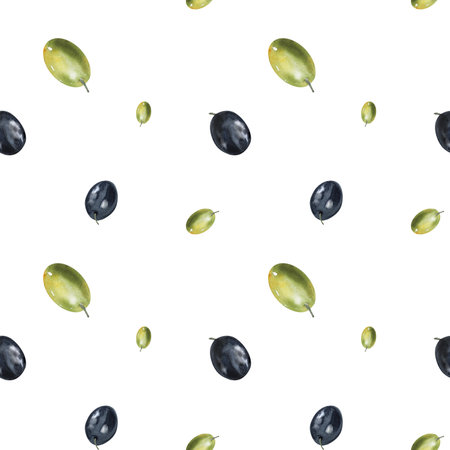 Green and black olive berries,seamless pattern. Hand drawn watercolor illustration. Seamless pattern for design.の写真素材