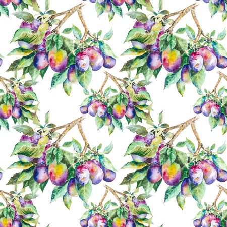 Watercolor pattern with a plum branch with leaves, watercolor illustration, hand drawingの写真素材