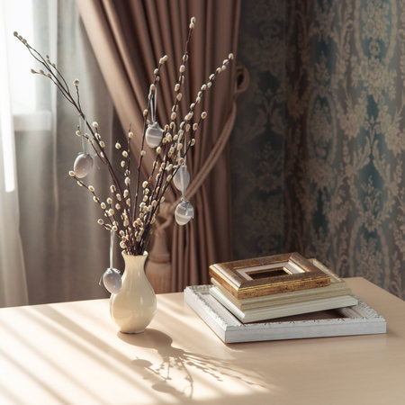 Natural style Easter still life with willow branches with fluffy buds in ceramic vase decorated with...