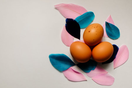 Easter eggs and feathers on a white background. Copy space.