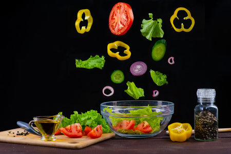 ingredients for vegetable salad are flying in a plate on a black background