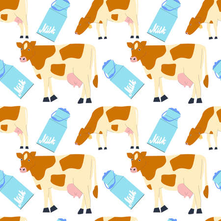 Pattern with a cow and a can of milk on a white background. Vector illustration for product packaging, advertising, banners and websites.のイラスト素材