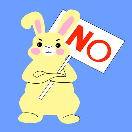 Banner against animal tests.Displeased rabbit.Protest concept.Vector abstract cartoon rabbit holding sign "NO".のイラスト素材