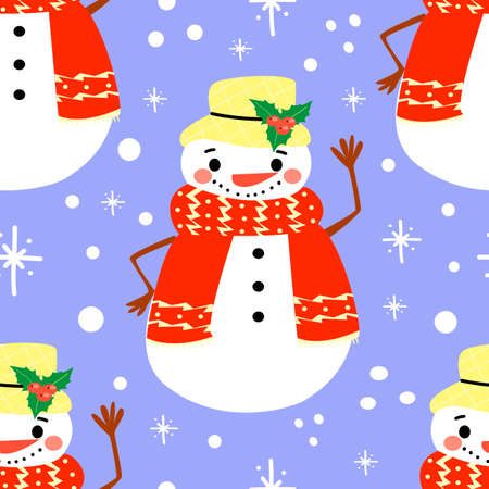 Bright vector Christmas ornament with a funny snowman on a blue-purple background with snowflakes. New Year's seamless pattern.のイラスト素材