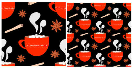 Vector seamless pattern with a red cup of cocoa with marshmallows on a black background. Winter ornament for cafes, packaging decorations, kitchen textiles and wrapping paper.のイラスト素材